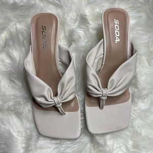 NEW Cream Scrunched Bow Square Split Toe Mules Slip On Heel